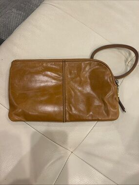 HOBO Leather Wristlet in Cognac Brown and Tan